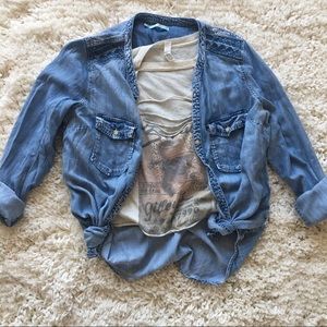Distressed Chambray Button Up Shirt.